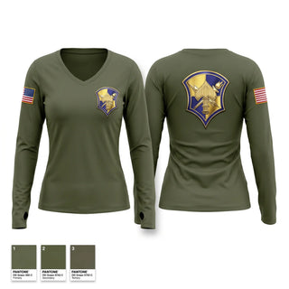 Womens Long Sleeve Vneck Shirt, AOSD, Army, Teamtime, Team time, sublimation, custom sports apparel, team uniforms, spirit wear, spiritwear, sports uniforms, custom shirts, team store, custom team store, fundraiser sports, apparel fundraiser