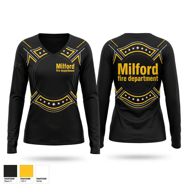 Womens Long Sleeve Vneck Shirt, Milford fire department, Fire Department, Teamtime, Team time, sublimation, custom sports apparel, team uniforms, spirit wear, spiritwear, sports uniforms, custom shirts, team store, custom team store, fundraiser sports, apparel fundraiser