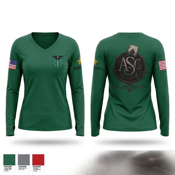 Womens Long Sleeve Vneck Shirt, ASC, 389th MI BN, Army, Teamtime, Team time, sublimation, custom sports apparel, team uniforms, spirit wear, spiritwear, sports uniforms, custom shirts, team store, custom team store, fundraiser sports, apparel fundraiser