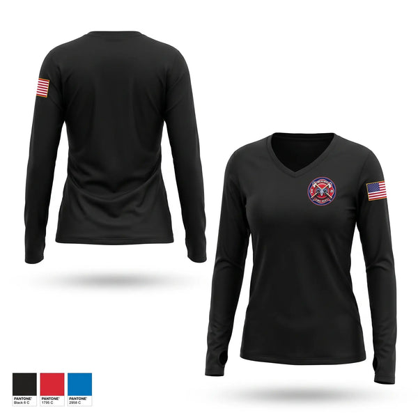 Womens Long Sleeve Vneck Shirt, Merino Volunteer Fire Department, Fire Department, Teamtime, Team time, sublimation, custom sports apparel, team uniforms, spirit wear, spiritwear, sports uniforms, custom shirts, team store, custom team store, fundraiser sports, apparel fundraiser