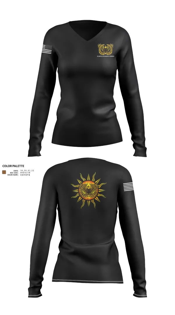 Womens Long Sleeve Vneck Shirt, FLARNG SUNSHINE COHORT, , Teamtime, Team time, sublimation, custom sports apparel, team uniforms, spirit wear, spiritwear, sports uniforms, custom shirts, team store, custom team store, fundraiser sports, apparel fundraiser