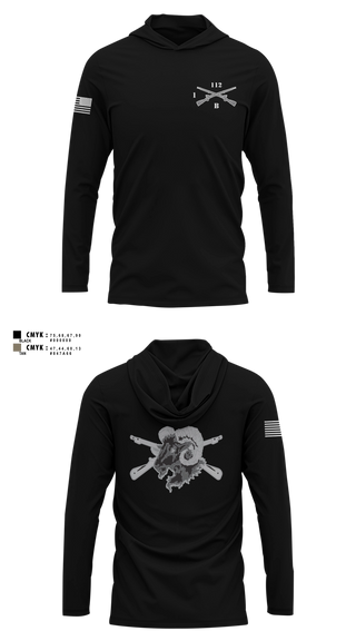 Long Sleeve hooded sunshirt, Blacksheep Company, 1-112th Infantry, Army, Teamtime, Team time, sublimation, custom sports apparel, team uniforms, spirit wear, spiritwear, sports uniforms, custom shirts, team store, custom team store, fundraiser sports, apparel fundraiser
