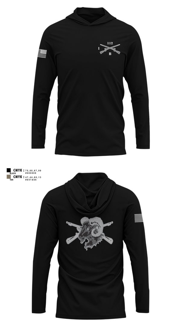 Long Sleeve hooded sunshirt, Blacksheep Company, 1-112th Infantry, Army, Teamtime, Team time, sublimation, custom sports apparel, team uniforms, spirit wear, spiritwear, sports uniforms, custom shirts, team store, custom team store, fundraiser sports, apparel fundraiser