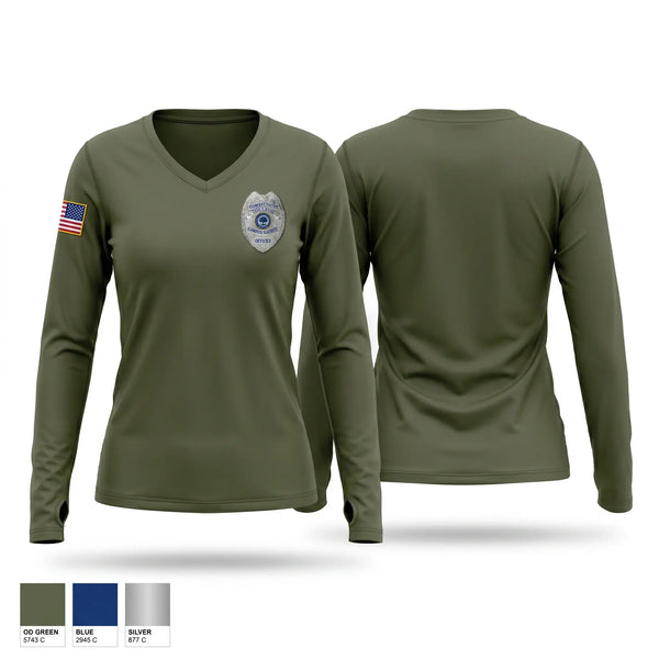 Womens Long Sleeve Vneck Shirt, Connecticut College Campus Safety, Police, Teamtime, Team time, sublimation, custom sports apparel, team uniforms, spirit wear, spiritwear, sports uniforms, custom shirts, team store, custom team store, fundraiser sports, apparel fundraiser