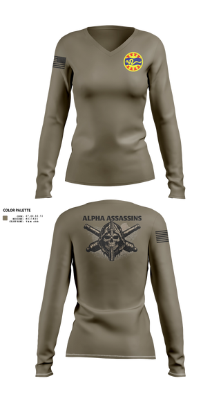 Womens Long Sleeve Vneck Shirt, 1-148 FA A Btry, National Guard, Teamtime, Team time, sublimation, custom sports apparel, team uniforms, spirit wear, spiritwear, sports uniforms, custom shirts, team store, custom team store, fundraiser sports, apparel fundraiser