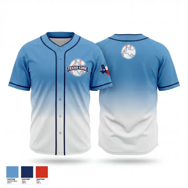 Full Button Baseball Jersey, Texas Core Baseball, Baseball, Teamtime, Team time, sublimation, custom sports apparel, team uniforms, spirit wear, spiritwear, sports uniforms, custom shirts, team store, custom team store, fundraiser sports, apparel fundraiser