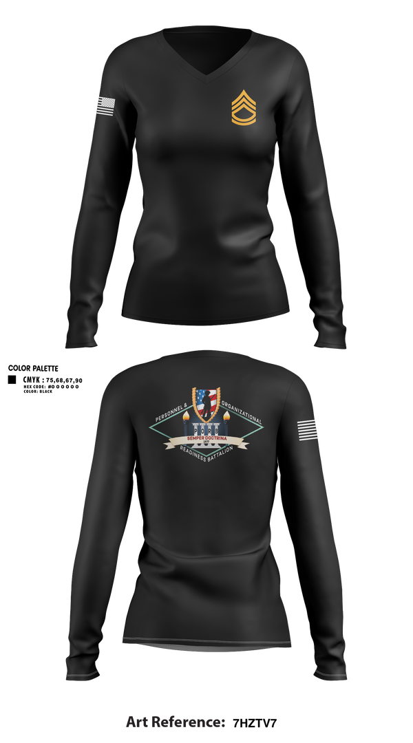 Womens Long Sleeve Vneck Shirt, Personnel and Organizational Readiness Battalion, National Guard, Teamtime, Team time, sublimation, custom sports apparel, team uniforms, spirit wear, spiritwear, sports uniforms, custom shirts, team store, custom team store, fundraiser sports, apparel fundraiser