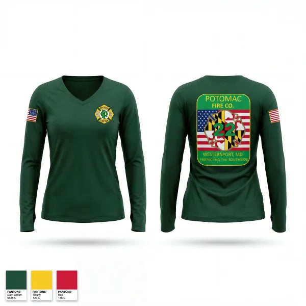 Womens Long Sleeve Vneck Shirt, Potomac Fire Company #2, Fire Department, Teamtime, Team time, sublimation, custom sports apparel, team uniforms, spirit wear, spiritwear, sports uniforms, custom shirts, team store, custom team store, fundraiser sports, apparel fundraiser