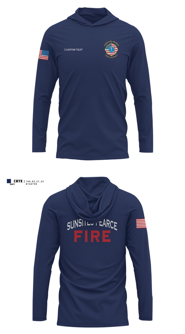 Long Sleeve hooded sunshirt, Sunsites-Pearce Fire District, Fire Department, Teamtime, Team time, sublimation, custom sports apparel, team uniforms, spirit wear, spiritwear, sports uniforms, custom shirts, team store, custom team store, fundraiser sports, apparel fundraiser