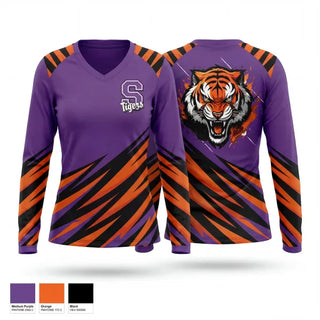 Womens Long Sleeve Vneck Shirt, Shelby Tigers, Wrestling, Teamtime, Team time, sublimation, custom sports apparel, team uniforms, spirit wear, spiritwear, sports uniforms, custom shirts, team store, custom team store, fundraiser sports, apparel fundraiser