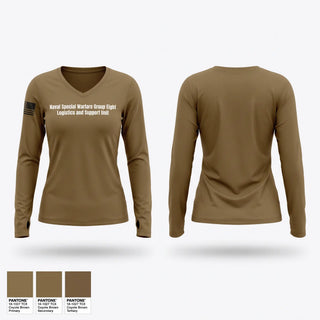 Womens Long Sleeve Vneck Shirt, Naval Special Warfare Group Eight Logistics and Support Unit, Navy, Teamtime, Team time, sublimation, custom sports apparel, team uniforms, spirit wear, spiritwear, sports uniforms, custom shirts, team store, custom team store, fundraiser sports, apparel fundraiser