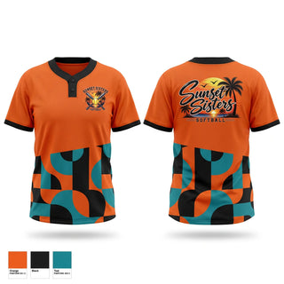 Two Button Softball Jersey, Sunset Sisters, Softball, Teamtime, Team time, sublimation, custom sports apparel, team uniforms, spirit wear, spiritwear, sports uniforms, custom shirts, team store, custom team store, fundraiser sports, apparel fundraiser