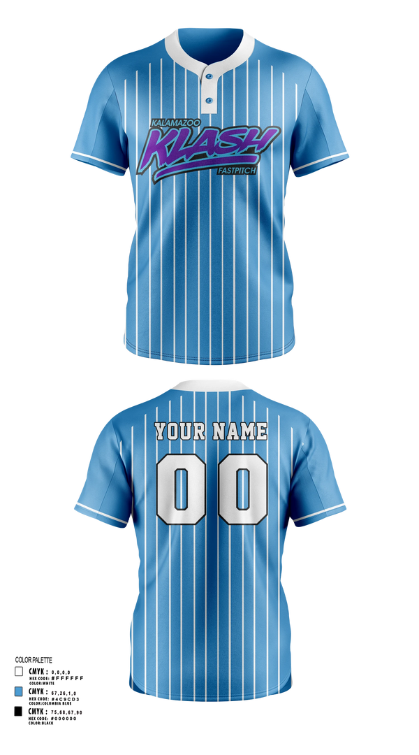 Two Button Softball Jersey, Kalamazoo Klash, Softball, Teamtime, Team time, sublimation, custom sports apparel, team uniforms, spirit wear, spiritwear, sports uniforms, custom shirts, team store, custom team store, fundraiser sports, apparel fundraiser