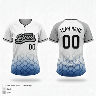 Two Button Softball Jersey, Detroit Bees, Softball, Teamtime, Team time, sublimation, custom sports apparel, team uniforms, spirit wear, spiritwear, sports uniforms, custom shirts, team store, custom team store, fundraiser sports, apparel fundraiser