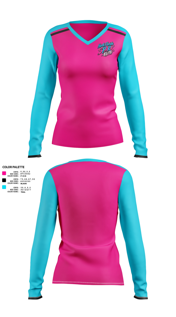 Womens Long Sleeve Vneck Shirt, North Florida Spark, Softball, Teamtime, Team time, sublimation, custom sports apparel, team uniforms, spirit wear, spiritwear, sports uniforms, custom shirts, team store, custom team store, fundraiser sports, apparel fundraiser