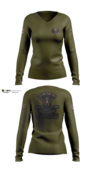 Womens Long Sleeve Vneck Shirt, USMVMC Double Tap, , Teamtime, Team time, sublimation, custom sports apparel, team uniforms, spirit wear, spiritwear, sports uniforms, custom shirts, team store, custom team store, fundraiser sports, apparel fundraiser