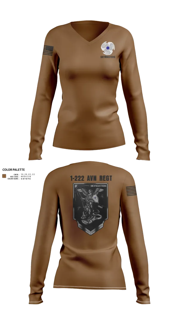 Womens Long Sleeve Vneck Shirt, 1-222 Aviaition Regiment, Army, Teamtime, Team time, sublimation, custom sports apparel, team uniforms, spirit wear, spiritwear, sports uniforms, custom shirts, team store, custom team store, fundraiser sports, apparel fundraiser