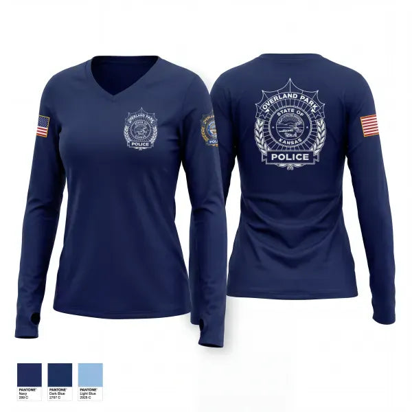 Womens Long Sleeve Vneck Shirt, Overland Park Police, Police, Teamtime, Team time, sublimation, custom sports apparel, team uniforms, spirit wear, spiritwear, sports uniforms, custom shirts, team store, custom team store, fundraiser sports, apparel fundraiser