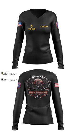 Womens Long Sleeve Vneck Shirt, Northcross Recruiting Station, Army, Teamtime, Team time, sublimation, custom sports apparel, team uniforms, spirit wear, spiritwear, sports uniforms, custom shirts, team store, custom team store, fundraiser sports, apparel fundraiser