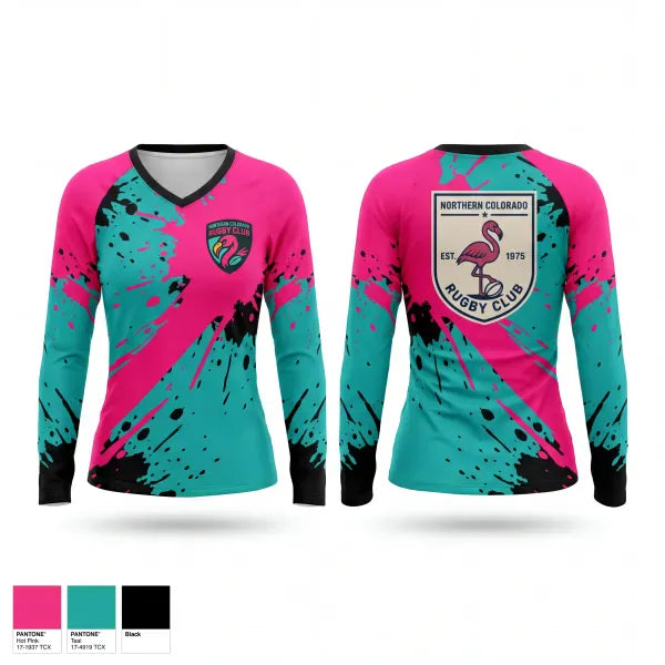 Womens Long Sleeve Vneck Shirt, NOCO Flamingos, Rugby, Teamtime, Team time, sublimation, custom sports apparel, team uniforms, spirit wear, spiritwear, sports uniforms, custom shirts, team store, custom team store, fundraiser sports, apparel fundraiser