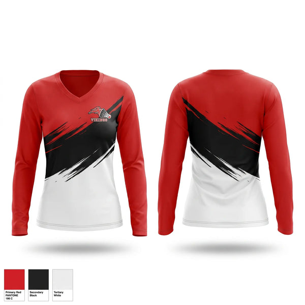 Womens Long Sleeve Vneck Shirt, Montgomery Badminton, Tennis, Teamtime, Team time, sublimation, custom sports apparel, team uniforms, spirit wear, spiritwear, sports uniforms, custom shirts, team store, custom team store, fundraiser sports, apparel fundraiser