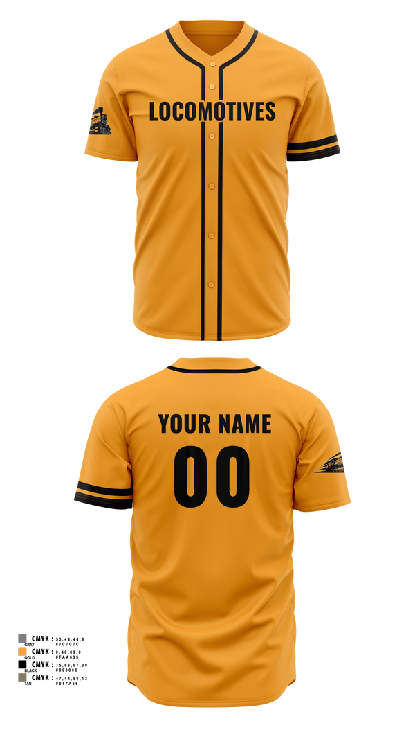 Full Button Baseball Jersey, Lima Locomotives, Army, Teamtime, Team time, sublimation, custom sports apparel, team uniforms, spirit wear, spiritwear, sports uniforms, custom shirts, team store, custom team store, fundraiser sports, apparel fundraiser