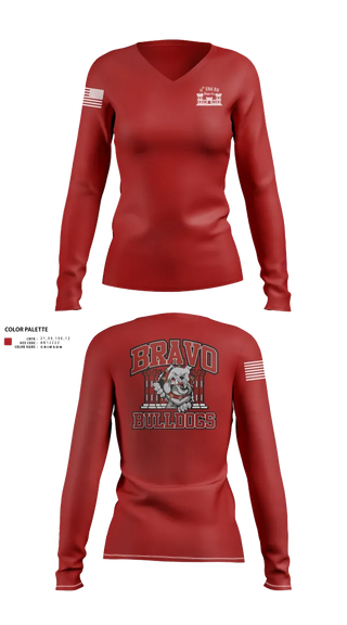 Womens Long Sleeve Vneck Shirt, Bravo Company “Bulldogs” 31st Engineer Battalion, , Teamtime, Team time, sublimation, custom sports apparel, team uniforms, spirit wear, spiritwear, sports uniforms, custom shirts, team store, custom team store, fundraiser sports, apparel fundraiser