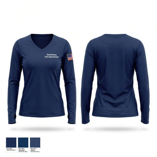 Womens Long Sleeve Vneck Shirt, Greensburg Fire Department, Fire Department, Teamtime, Team time, sublimation, custom sports apparel, team uniforms, spirit wear, spiritwear, sports uniforms, custom shirts, team store, custom team store, fundraiser sports, apparel fundraiser