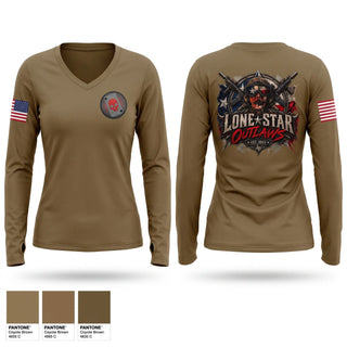 Womens Long Sleeve Vneck Shirt, Lone Star Outlaws, Army, Teamtime, Team time, sublimation, custom sports apparel, team uniforms, spirit wear, spiritwear, sports uniforms, custom shirts, team store, custom team store, fundraiser sports, apparel fundraiser