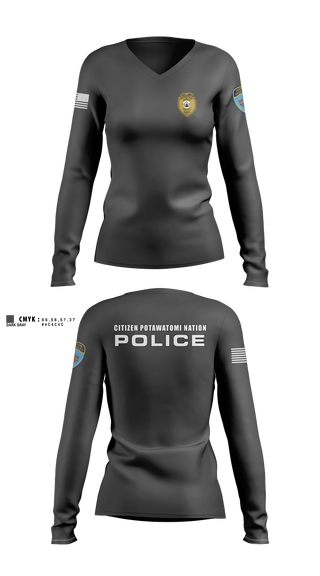 Womens Long Sleeve Vneck Shirt, Citizen Pottawatomie nation Police Department, Police, Teamtime, Team time, sublimation, custom sports apparel, team uniforms, spirit wear, spiritwear, sports uniforms, custom shirts, team store, custom team store, fundraiser sports, apparel fundraiser