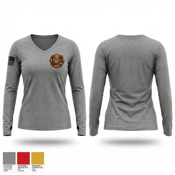 Womens Long Sleeve Vneck Shirt, Altus Rural Fire Department, Fire Department, Teamtime, Team time, sublimation, custom sports apparel, team uniforms, spirit wear, spiritwear, sports uniforms, custom shirts, team store, custom team store, fundraiser sports, apparel fundraiser