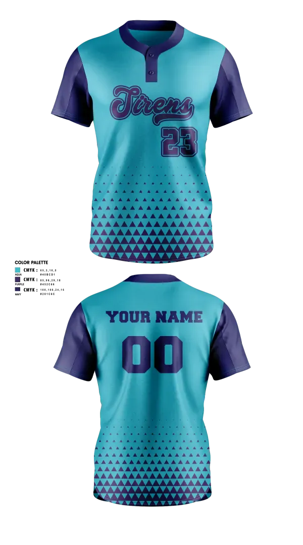 Two Button Softball Jersey, Sirens, Softball, Teamtime, Team time, sublimation, custom sports apparel, team uniforms, spirit wear, spiritwear, sports uniforms, custom shirts, team store, custom team store, fundraiser sports, apparel fundraiser
