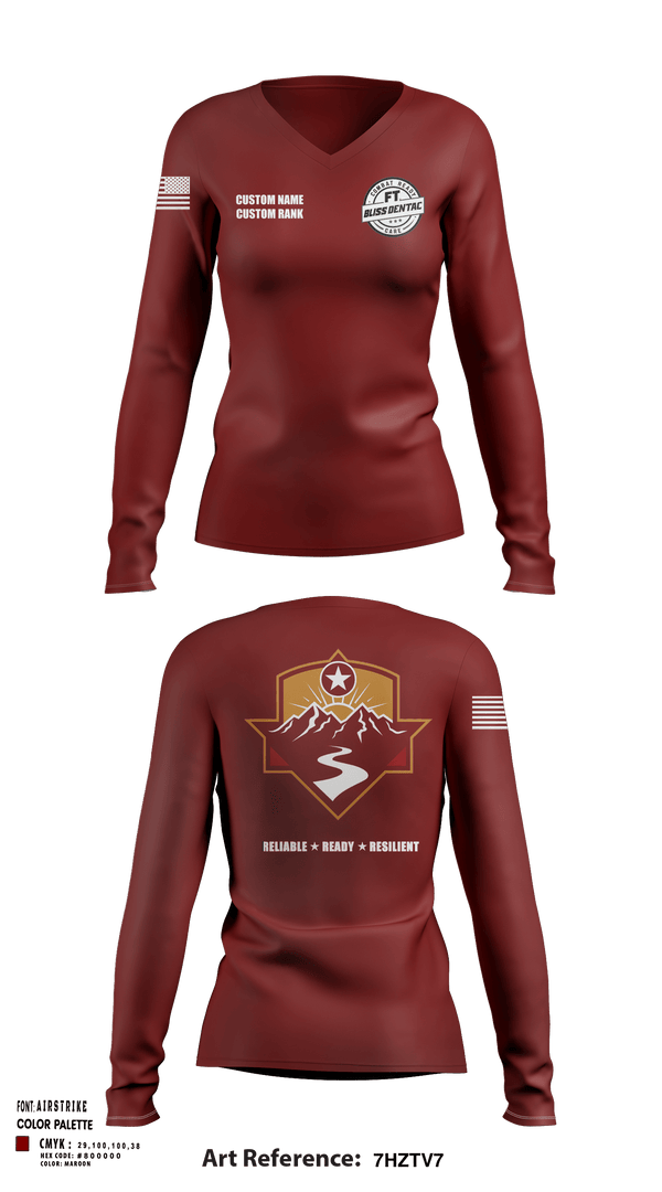 Women's Long Sleeve Vneck Shirt, Fort Bliss DENTAC, Army, Teamtime, Team time, sublimation, custom sports apparel, team uniforms, spirit wear, spiritwear, sports uniforms, custom shirts, team store, custom team store, fundraiser sports, apparel fundraiser