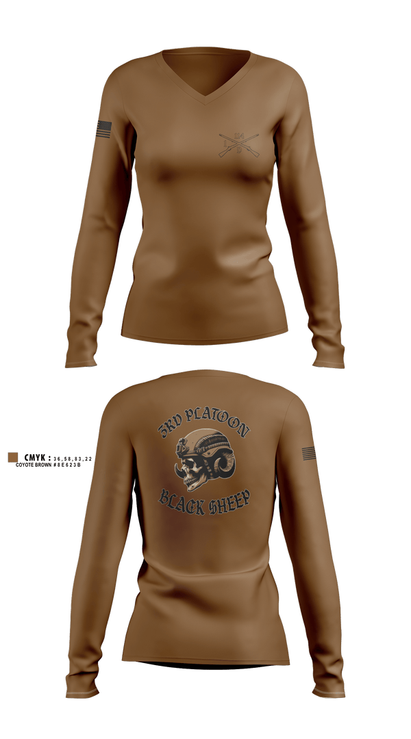 Women's Long Sleeve Vneck Shirt, 3rd PLT black sheep, Army, Teamtime, Team time, sublimation, custom sports apparel, team uniforms, spirit wear, spiritwear, sports uniforms, custom shirts, team store, custom team store, fundraiser sports, apparel fundraiser