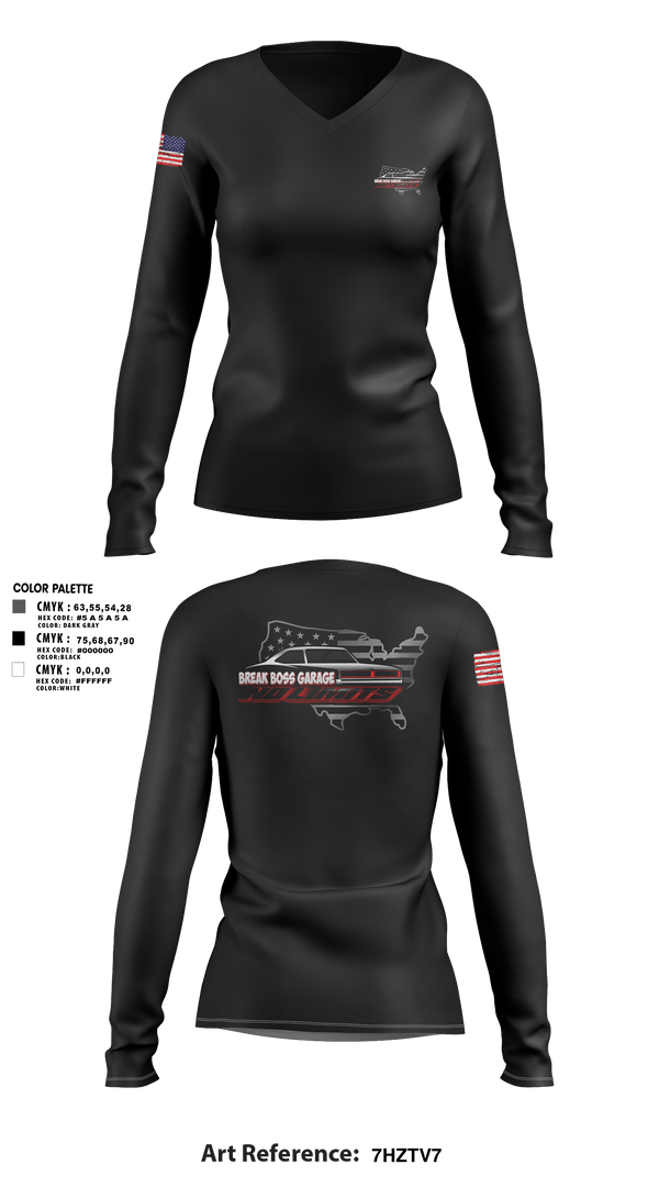 Women's Long Sleeve Vneck Shirt, Brake Boss Garage, Marines, Teamtime, Team time, sublimation, custom sports apparel, team uniforms, spirit wear, spiritwear, sports uniforms, custom shirts, team store, custom team store, fundraiser sports, apparel fundraiser