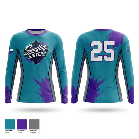 Long Sleeve Performance Shirt, Sandlot Sisters, Softball, Teamtime, Team time, sublimation, custom sports apparel, team uniforms, spirit wear, spiritwear, sports uniforms, custom shirts, team store, custom team store, fundraiser sports, apparel fundraiser