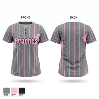 Two Button Softball Jersey, Peaches, Softball, Teamtime, Team time, sublimation, custom sports apparel, team uniforms, spirit wear, spiritwear, sports uniforms, custom shirts, team store, custom team store, fundraiser sports, apparel fundraiser