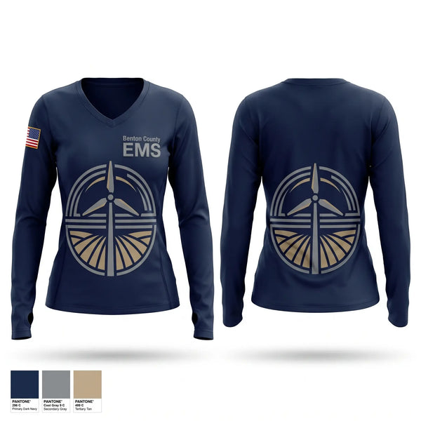 Womens Long Sleeve Vneck Shirt, Benton County E.M.S., EMS/EMT, Teamtime, Team time, sublimation, custom sports apparel, team uniforms, spirit wear, spiritwear, sports uniforms, custom shirts, team store, custom team store, fundraiser sports, apparel fundraiser