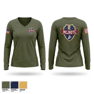 Womens Long Sleeve Vneck Shirt, Rockwall MCJROTC, Marines, Teamtime, Team time, sublimation, custom sports apparel, team uniforms, spirit wear, spiritwear, sports uniforms, custom shirts, team store, custom team store, fundraiser sports, apparel fundraiser