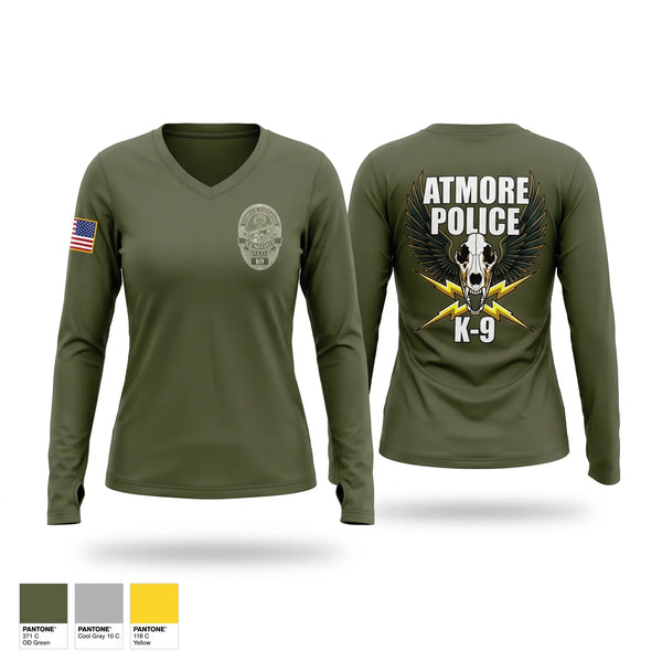 Womens Long Sleeve Vneck Shirt, Atmore K9, Police, Teamtime, Team time, sublimation, custom sports apparel, team uniforms, spirit wear, spiritwear, sports uniforms, custom shirts, team store, custom team store, fundraiser sports, apparel fundraiser