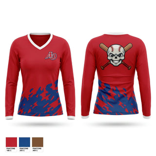 Womens Long Sleeve Vneck Shirt, Amador Outlaws, Baseball, Teamtime, Team time, sublimation, custom sports apparel, team uniforms, spirit wear, spiritwear, sports uniforms, custom shirts, team store, custom team store, fundraiser sports, apparel fundraiser