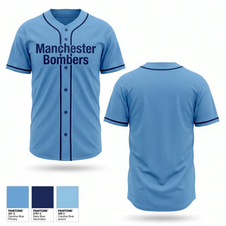 Full Button Baseball Jersey, Manchester Bombers, Baseball, Teamtime, Team time, sublimation, custom sports apparel, team uniforms, spirit wear, spiritwear, sports uniforms, custom shirts, team store, custom team store, fundraiser sports, apparel fundraiser
