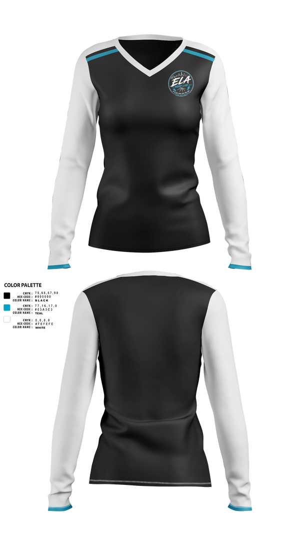 Womens Long Sleeve Vneck Shirt, ELA hoopers, Women's Basketball, Teamtime, Team time, sublimation, custom sports apparel, team uniforms, spirit wear, spiritwear, sports uniforms, custom shirts, team store, custom team store, fundraiser sports, apparel fundraiser