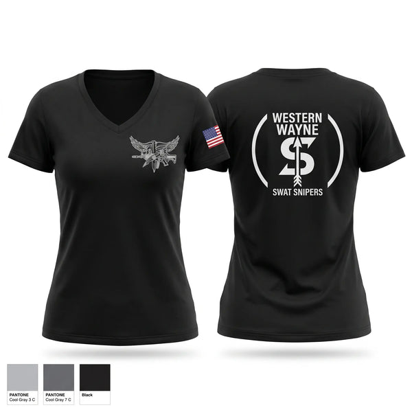 Womens Short Sleeve Vneck Shirt, Western Wayne SWAT Snipers, Police, Teamtime, Team time, sublimation, custom sports apparel, team uniforms, spirit wear, spiritwear, sports uniforms, custom shirts, team store, custom team store, fundraiser sports, apparel fundraiser