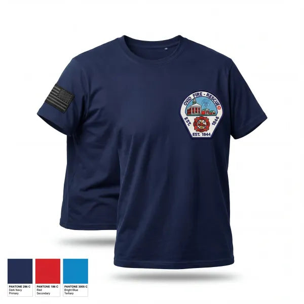 Old School Cotton Feel Shirt, Ovid Fire Dept, Fire Department, Teamtime, Team time, sublimation, custom sports apparel, team uniforms, spirit wear, spiritwear, sports uniforms, custom shirts, team store, custom team store, fundraiser sports, apparel fundraiser