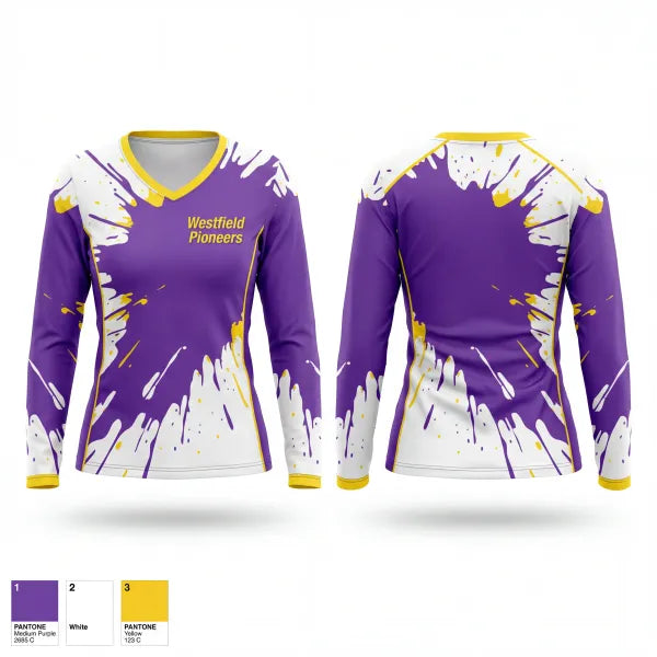 Womens Long Sleeve Vneck Shirt, Westfield Pioneers, Bowling, Teamtime, Team time, sublimation, custom sports apparel, team uniforms, spirit wear, spiritwear, sports uniforms, custom shirts, team store, custom team store, fundraiser sports, apparel fundraiser