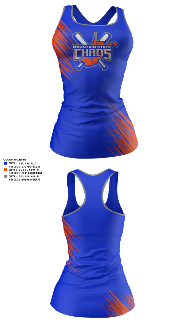 Womens Track Singlet, Mountain State Chaos, Softball, Teamtime, Team time, sublimation, custom sports apparel, team uniforms, spirit wear, spiritwear, sports uniforms, custom shirts, team store, custom team store, fundraiser sports, apparel fundraiser