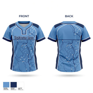 Two Button Softball Jersey, Siskiyou Jaxx, Softball, Teamtime, Team time, sublimation, custom sports apparel, team uniforms, spirit wear, spiritwear, sports uniforms, custom shirts, team store, custom team store, fundraiser sports, apparel fundraiser