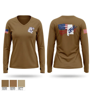 Womens Long Sleeve Vneck Shirt, Leopard Battalion, Army, Teamtime, Team time, sublimation, custom sports apparel, team uniforms, spirit wear, spiritwear, sports uniforms, custom shirts, team store, custom team store, fundraiser sports, apparel fundraiser