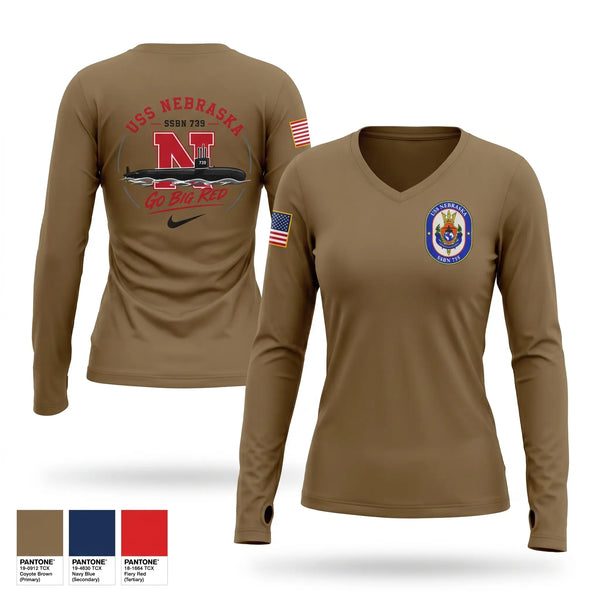 Womens Long Sleeve Vneck Shirt, USS Nebraska, Navy, Teamtime, Team time, sublimation, custom sports apparel, team uniforms, spirit wear, spiritwear, sports uniforms, custom shirts, team store, custom team store, fundraiser sports, apparel fundraiser